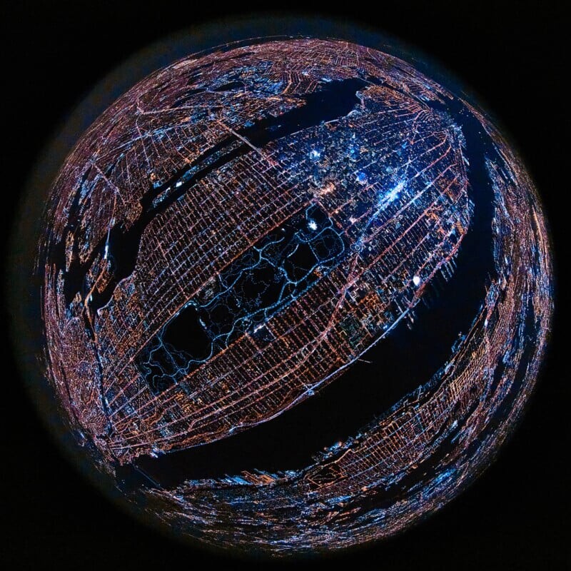 Ночной снимок Манхэттена с фisheye, яркие огни города формируют сверкающий узор