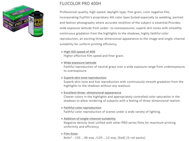 Promotional flyer for Fujicolor Pro 400H film