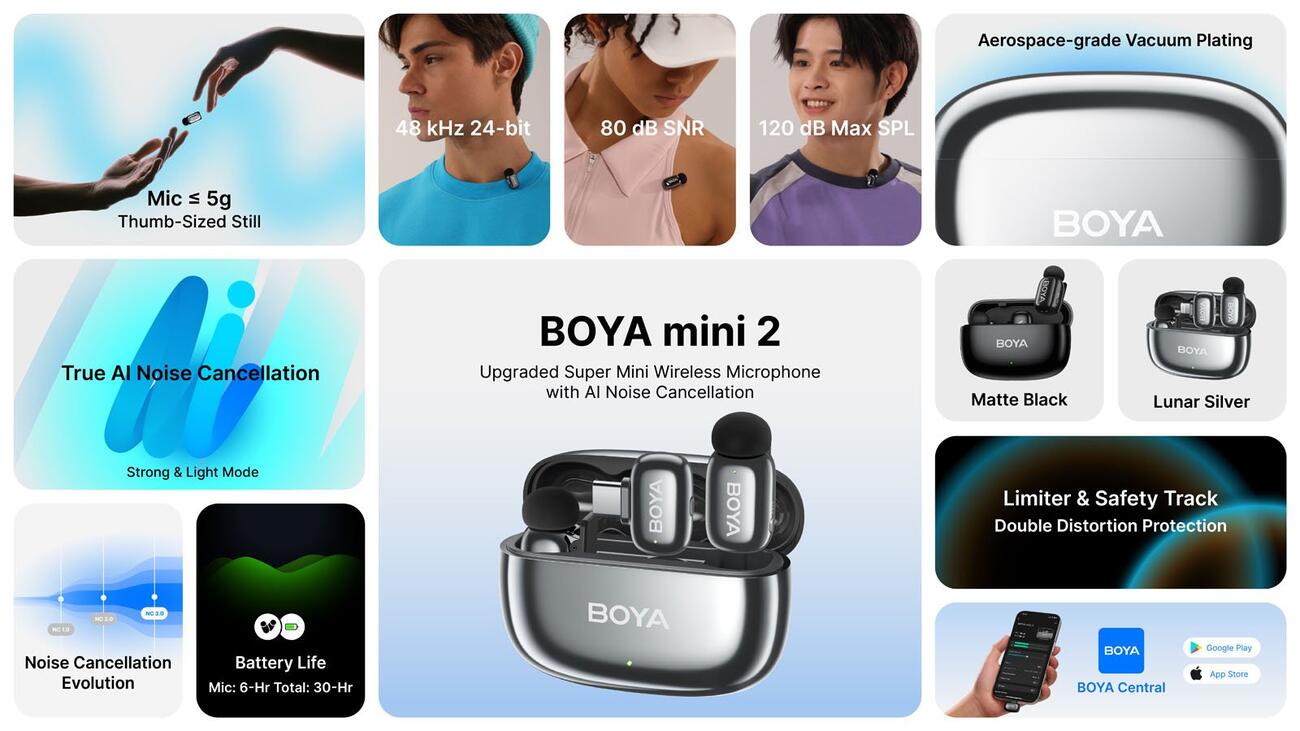 A collage showcasing the BOYA mini 2 wireless microphone, its charging case, and key features: true AI noise cancellation, long battery life, compact size, clear sound, limiter & safety track, and two color options—matte black and lunar silver.