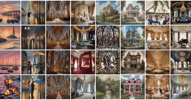 A collage of images featuring grand architecture, elegant interiors, and artistic landscapes.