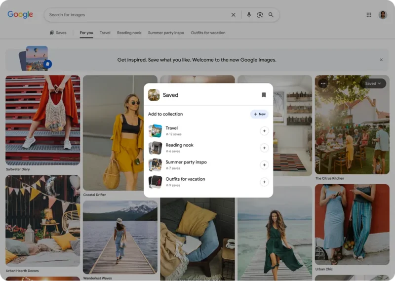 A Google Images page shows a pop-up titled 'Saved' with collections like Travel, Reading nook, Summer party inspo, and Outfits for vacation over a grid of various lifestyle and travel photos.