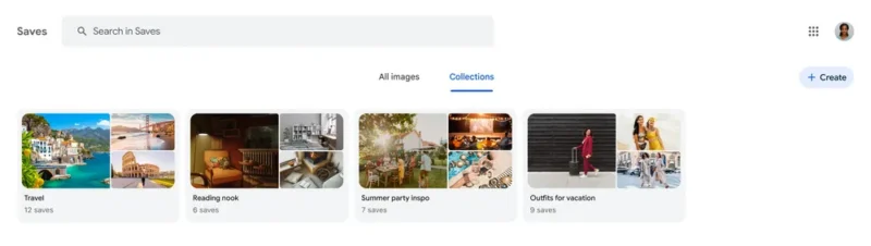 A Google Collections page displays folders: Travel, Reading nook, Summer party inspo, and Outfits for vacation, each with preview images and the number of saves.