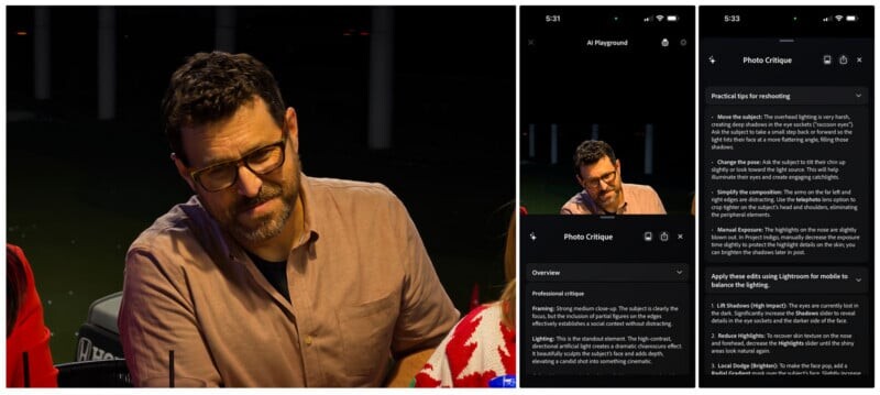 A man with glasses sits at a table outdoors at night.