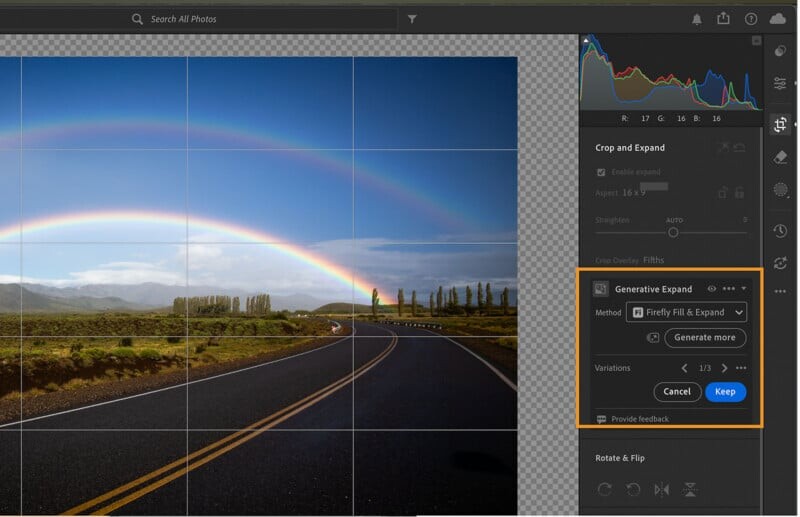 Интерфейс Lightroom с активным инструментом Generative Expand на фотографии пейзажа с радугой над дорогой