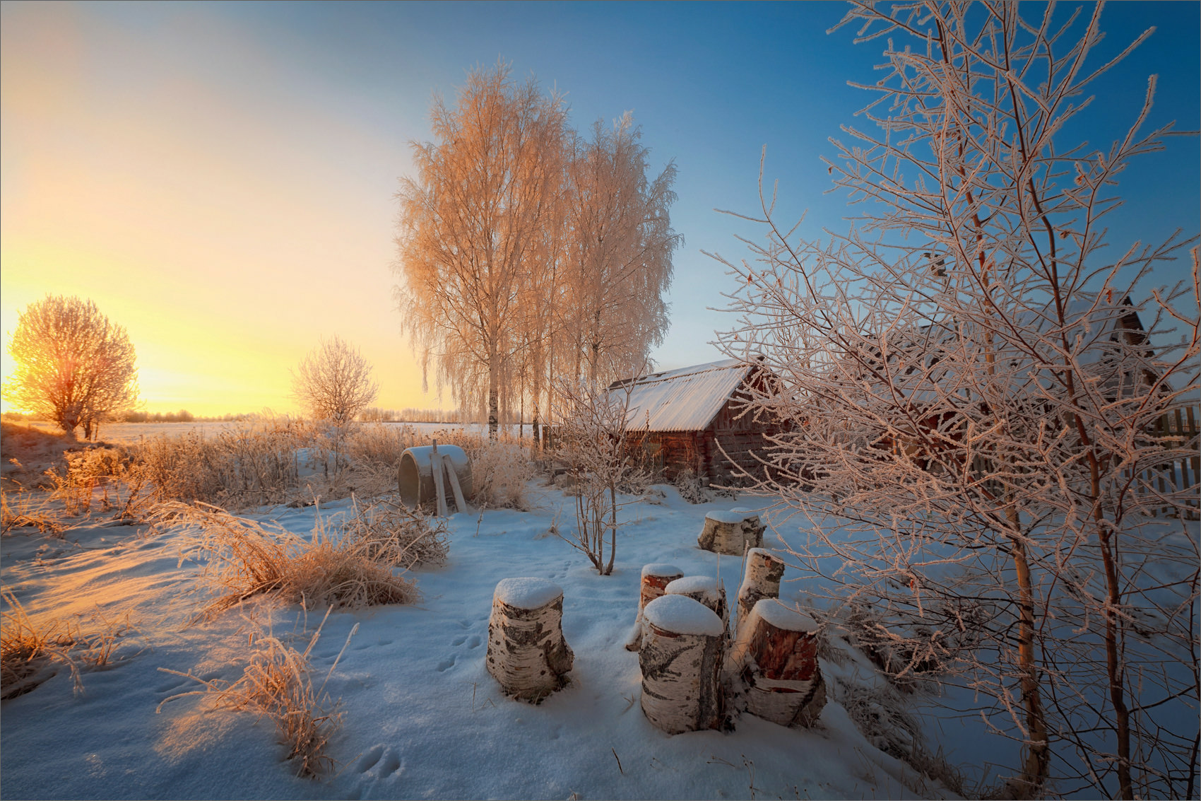 Утро зима деревня