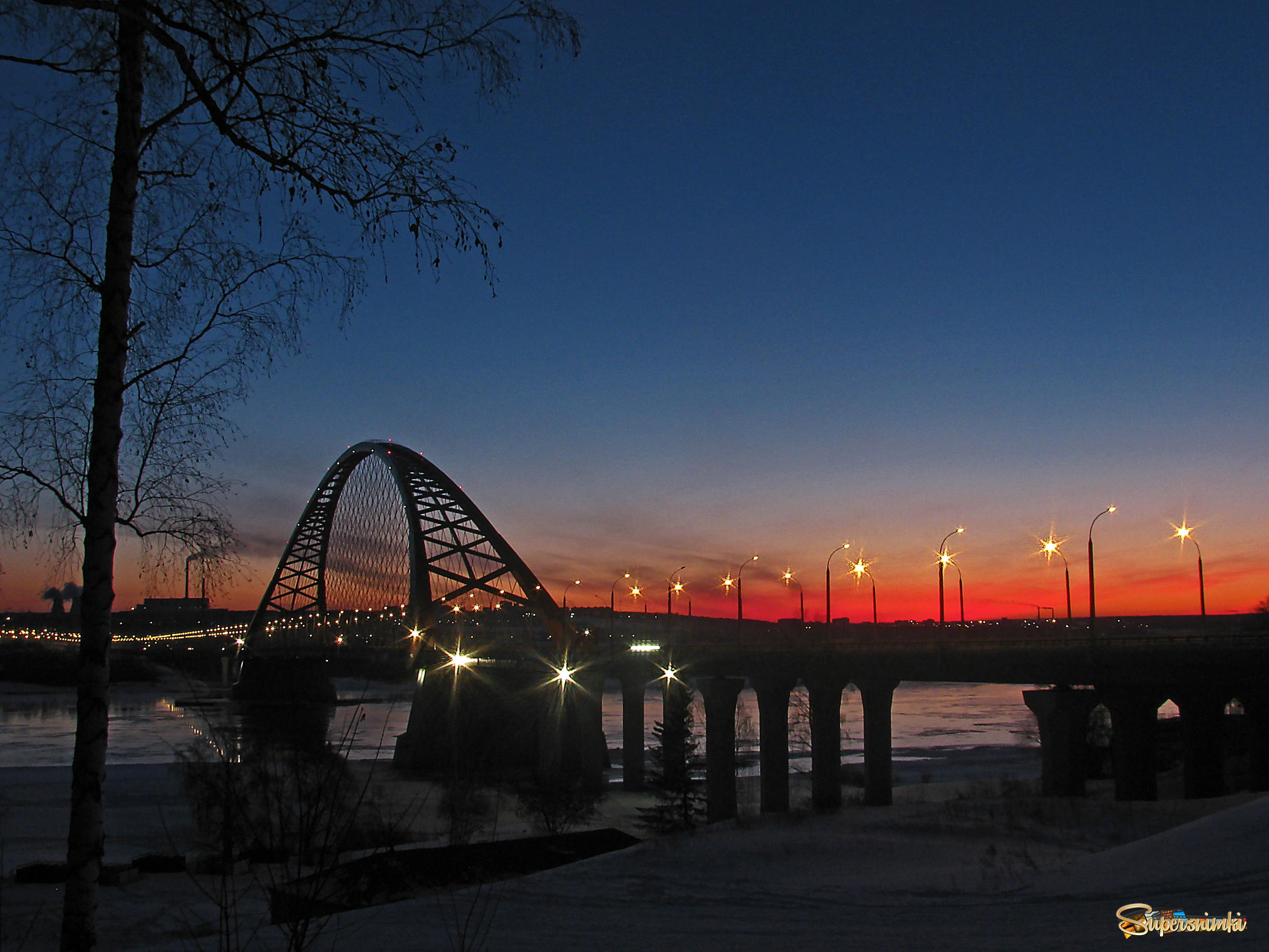 Бугринский мост зима ночь