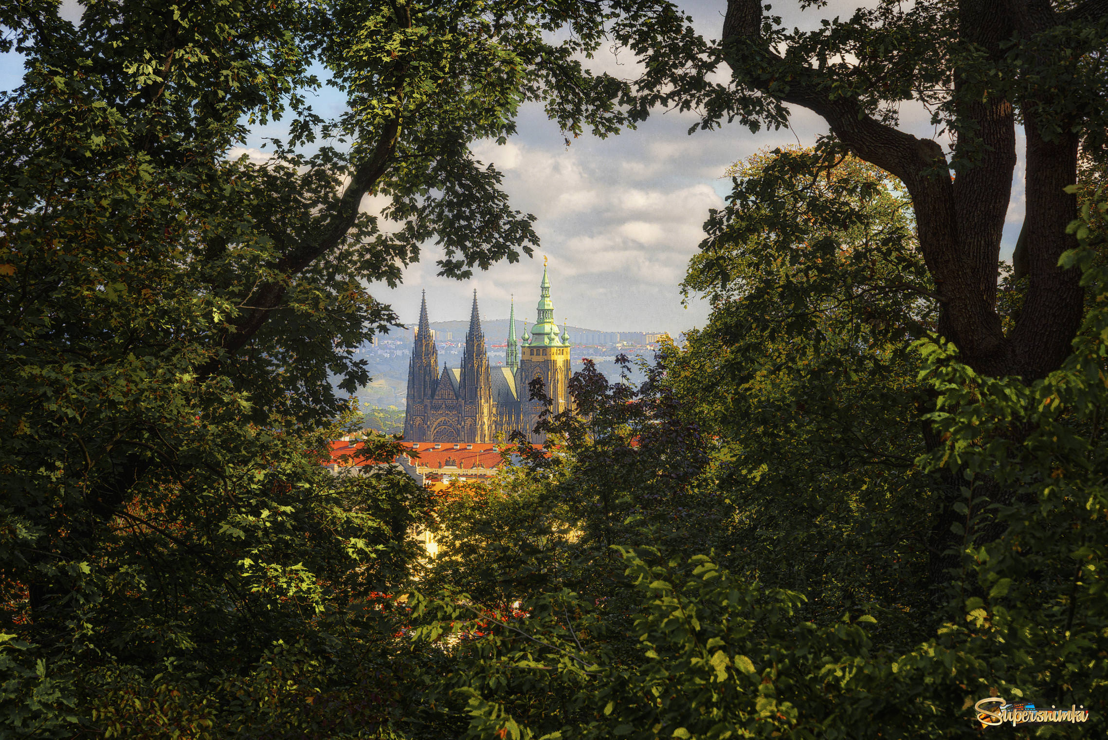 Вид на Пражский Град из Петршинского сада.