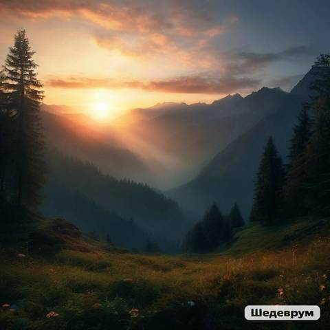 Горный пейзаж ранним утром, восход солнца