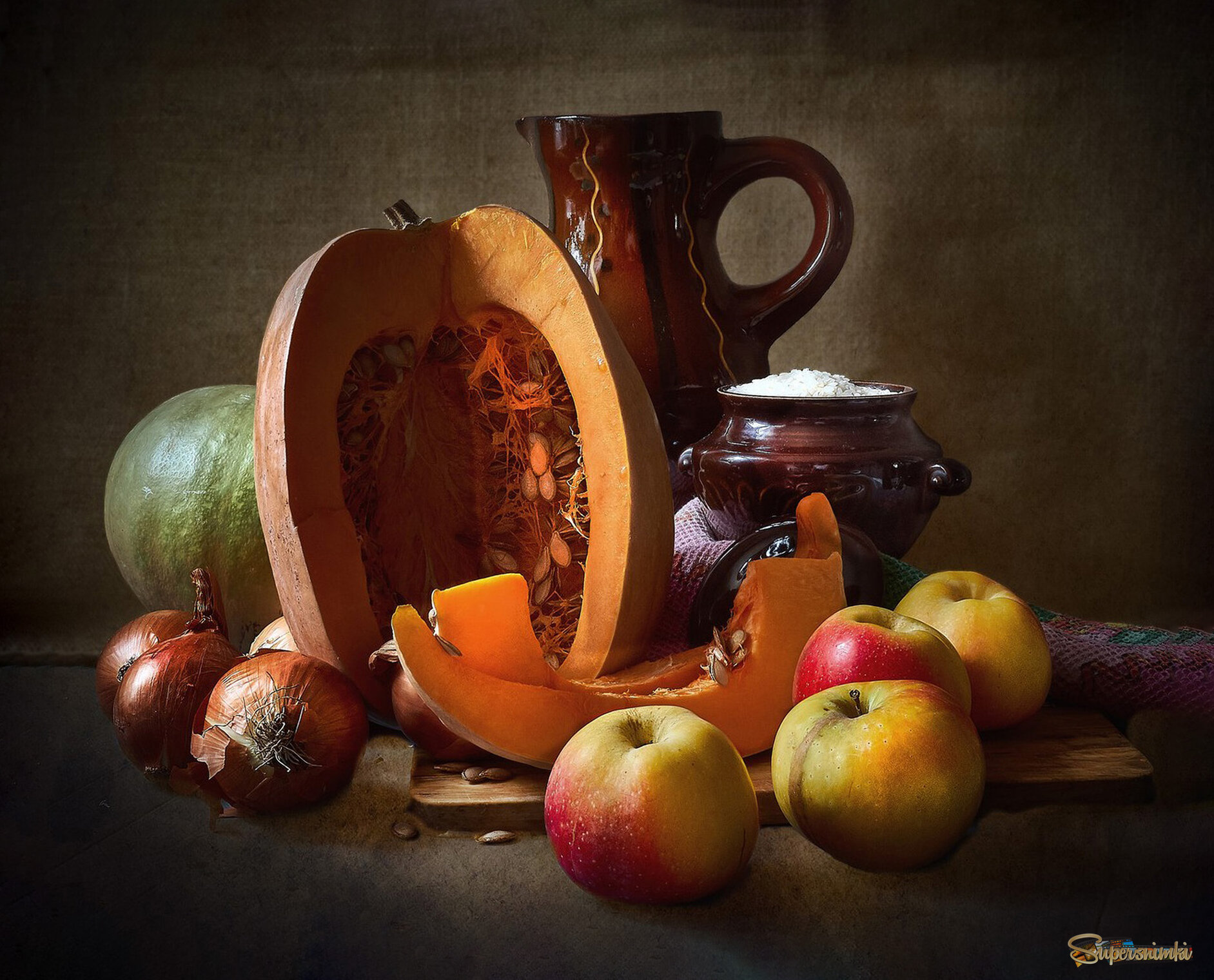 С яблоками и тыквой.